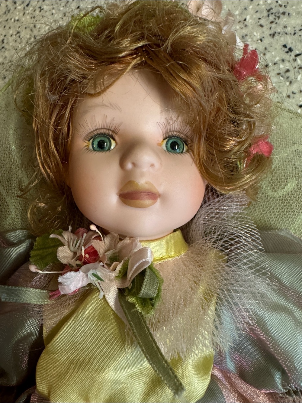 12”Vintage Geppeddo Porcelain Fairy Doll in Pastel Pink, Green & Yellow